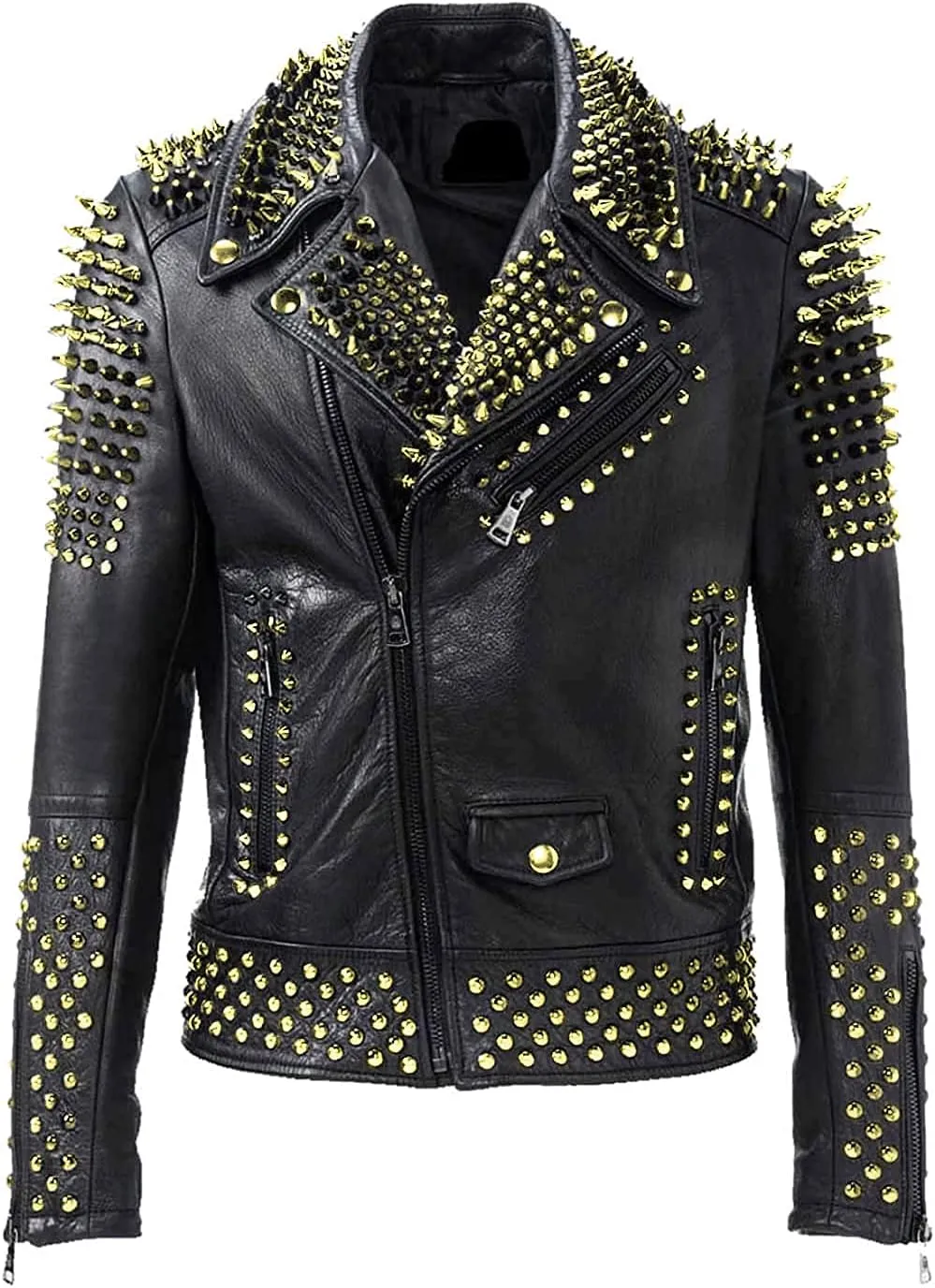 Men,s Brando Motorcycle Jacket - Studded Spikes Punk Rock Multicolor Cowhide Leather Biker Jackets