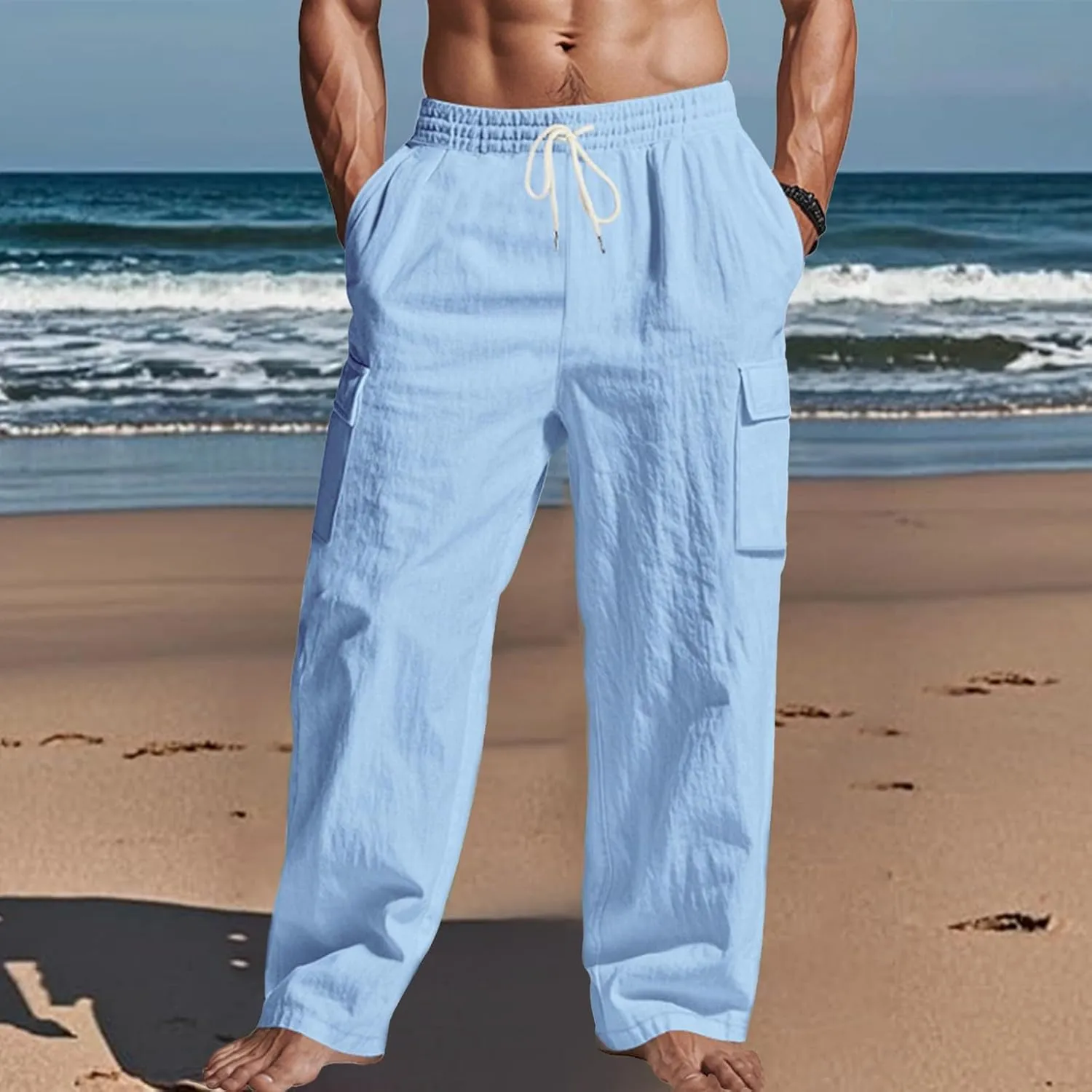 Mens Cargo Pants Lightweight Comfy Elastic Waist Linen Pants Casual Summer Yoga Work Pants Beach Outfits with Pockets