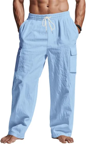 Mens Cargo Pants Lightweight Comfy Elastic Waist Linen Pants Casual Summer Yoga Work Pants Beach Outfits with Pockets