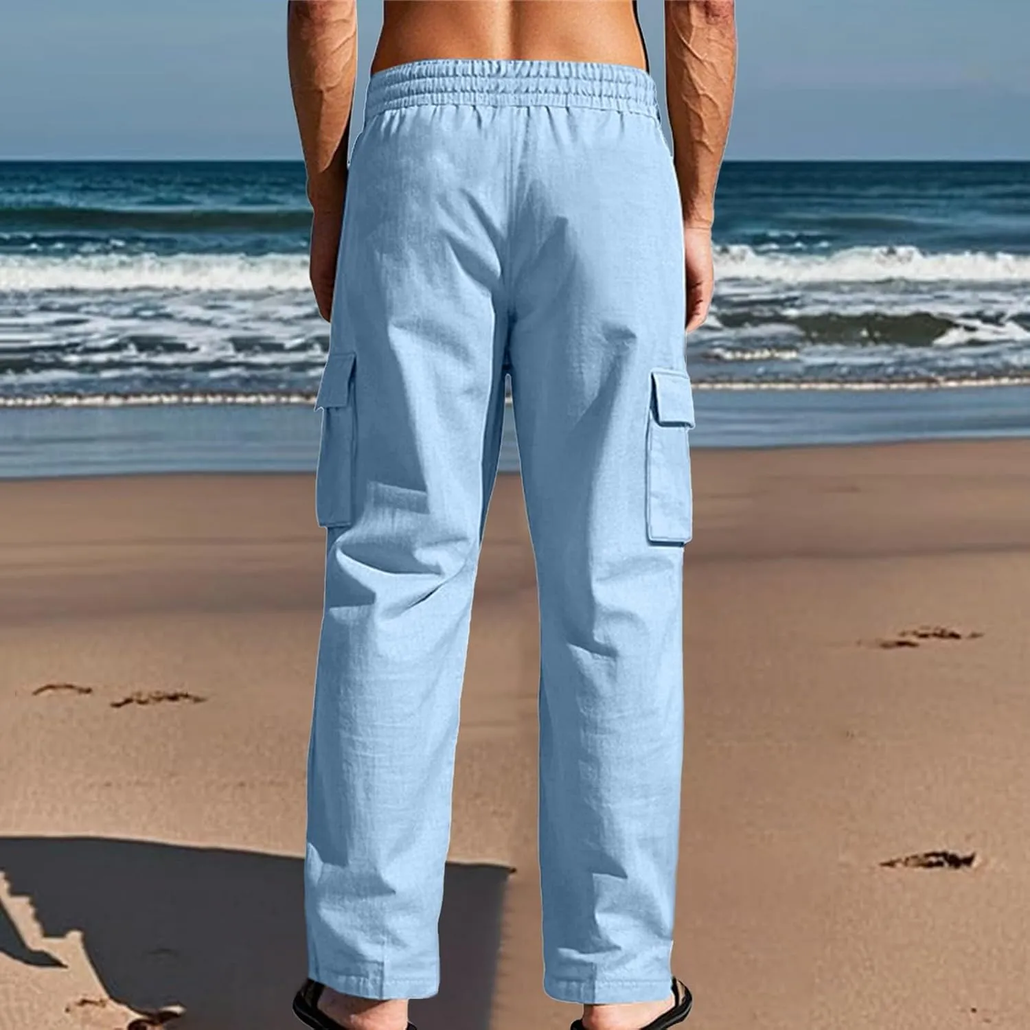 Mens Cargo Pants Lightweight Comfy Elastic Waist Linen Pants Casual Summer Yoga Work Pants Beach Outfits with Pockets