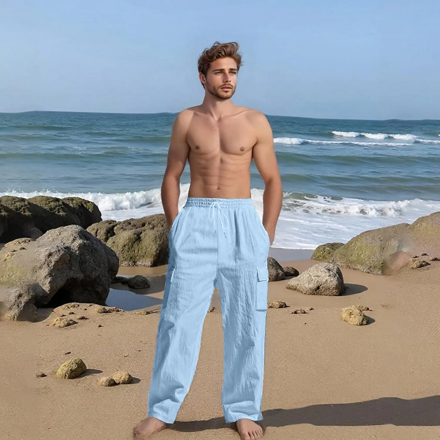 Mens Cargo Pants Lightweight Comfy Elastic Waist Linen Pants Casual Summer Yoga Work Pants Beach Outfits with Pockets