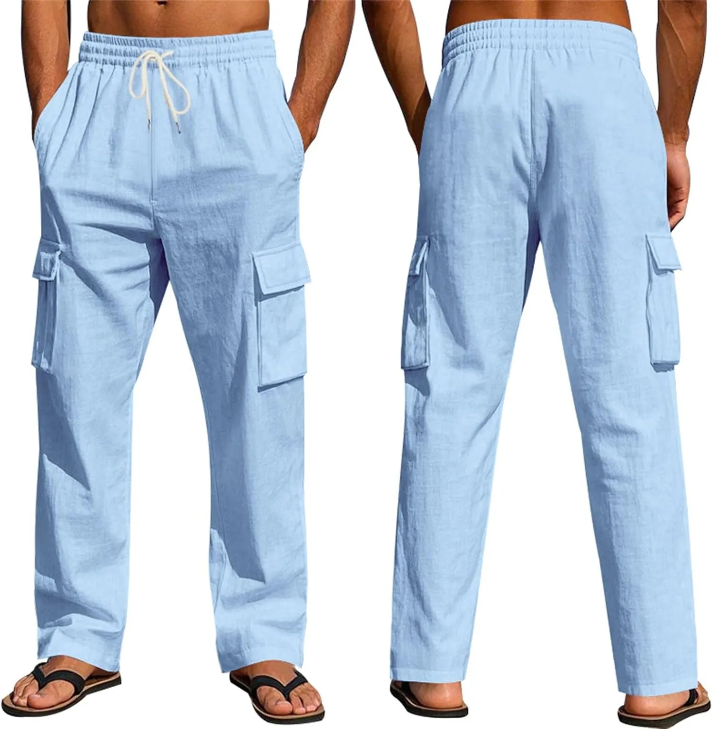 Mens Cargo Pants Lightweight Comfy Elastic Waist Linen Pants Casual Summer Yoga Work Pants Beach Outfits with Pockets