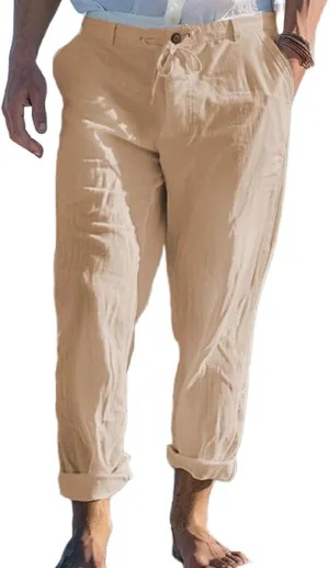Mens Casual Linen Loose Fit Elastic Drawstring Waist Straight Legs Summer Beach Yoga Travel Baggy Work Long Pants