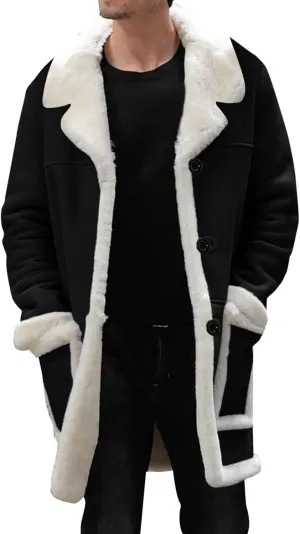 Mens Casual Sherpa Fleece Lined Jackets Winter Warm Fur Collar Long Trench Coats Big and Tall Outwears with Pockets