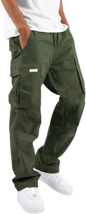 Men's Causal Cargo Pants Solid Color Multi Pockets Straight Leg Trousers Loose Fit Hiking Joggers Sport Pants