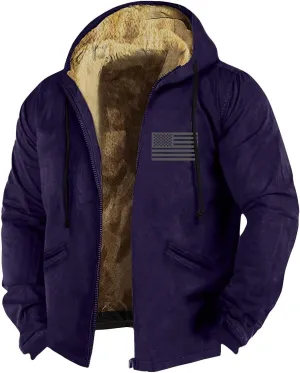 Mens Coat Sherpa Fleece Lined Hoodies Full Zipper Coats Winter Warm Jackets Vintage Printed Outwear