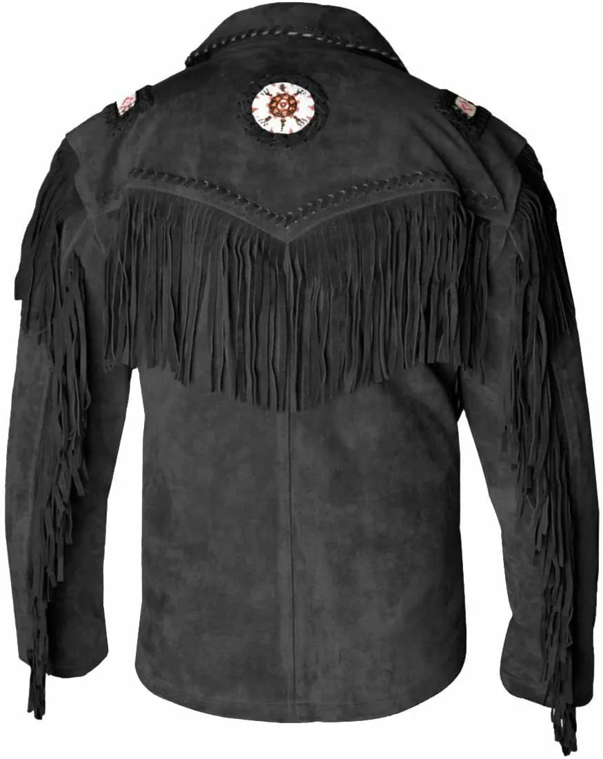 Men's Cowboy Western leather Coat Native American Jacket with Fringes Beades &Bones