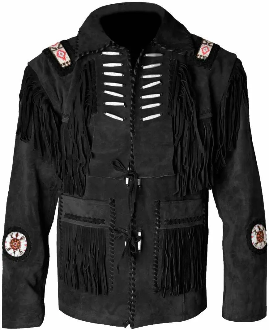 Men's Cowboy Western leather Coat Native American Jacket with Fringes Beades &Bones