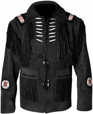 Men's Cowboy Western leather Coat Native American Jacket with Fringes Beades &Bones