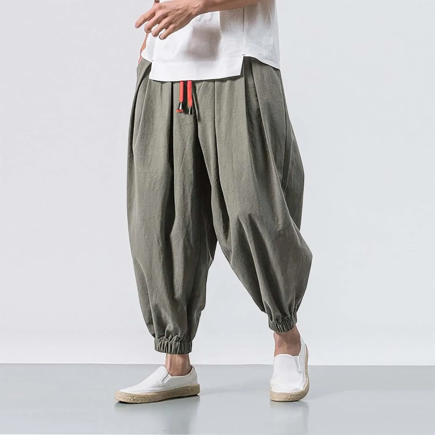 Mens Hippie Harem Pants Casual Elastic Drawstring Tapered Pants Solid Color Baggy Yoga Drop Crotch Trouser