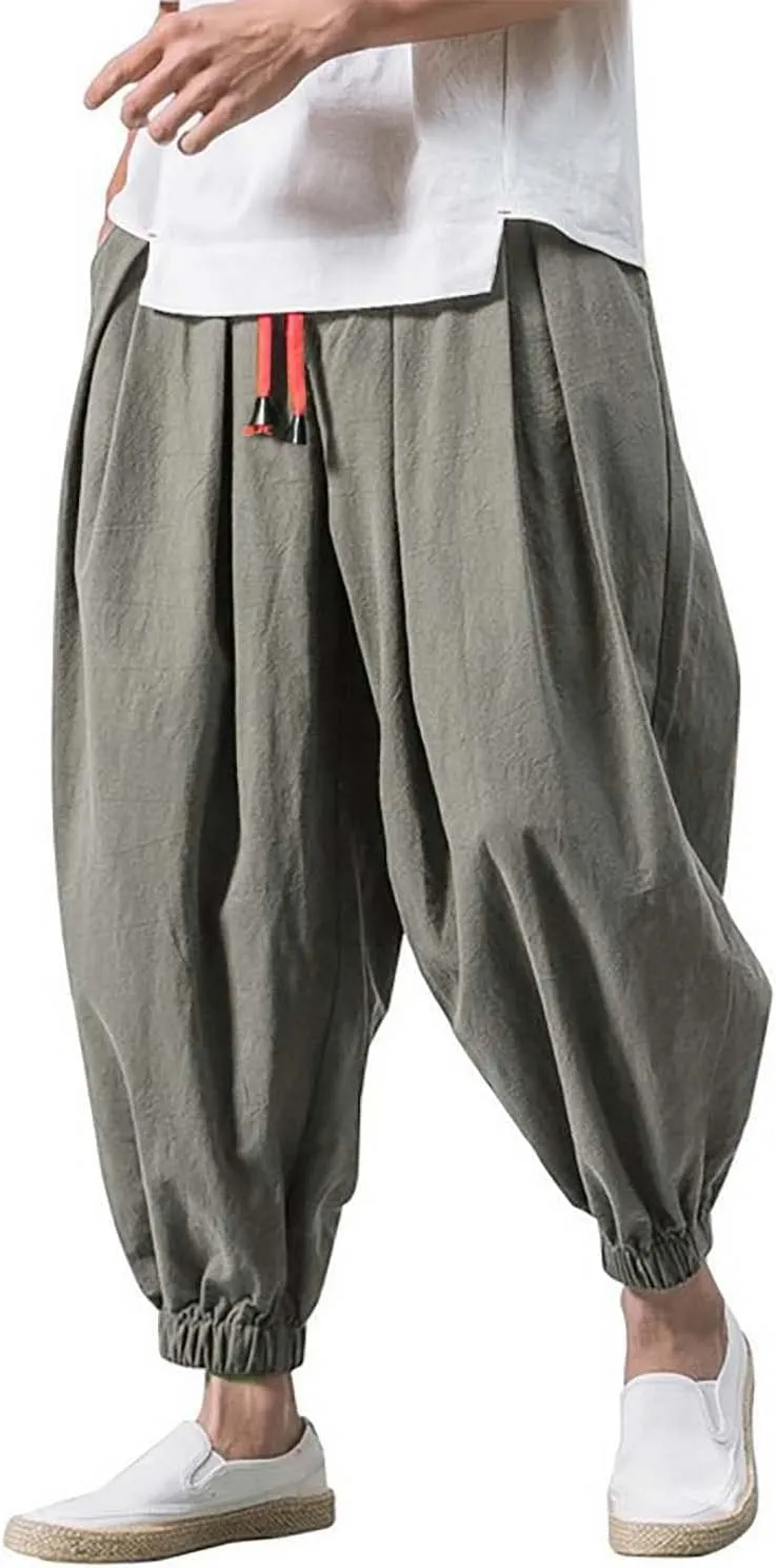 Mens Hippie Harem Pants Casual Elastic Drawstring Tapered Pants Solid Color Baggy Yoga Drop Crotch Trouser