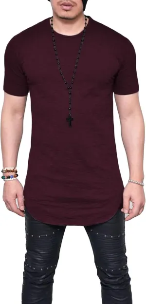 Men's Hipster Curved Longline Drop Tail Tee Top Long Hip Hop Shirts Gym Workout Slim Fit Short Sleeve
