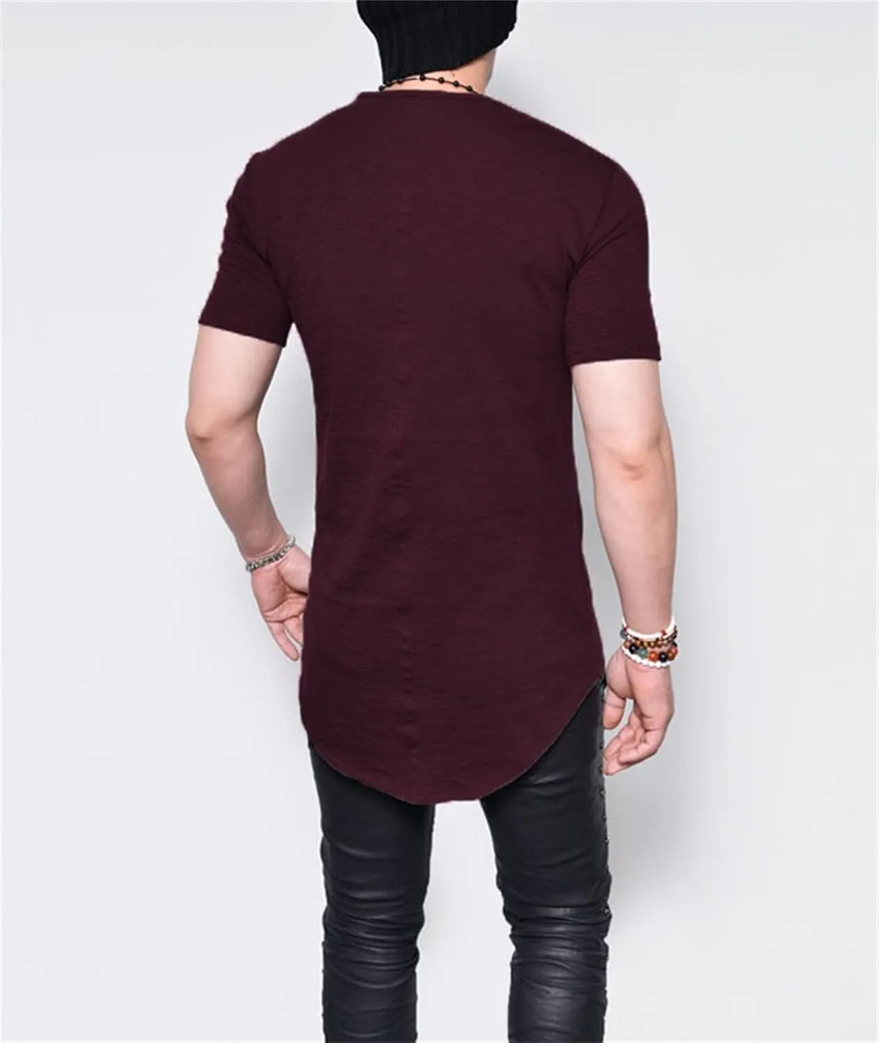 Men's Hipster Curved Longline Drop Tail Tee Top Long Hip Hop Shirts Gym Workout Slim Fit Short Sleeve