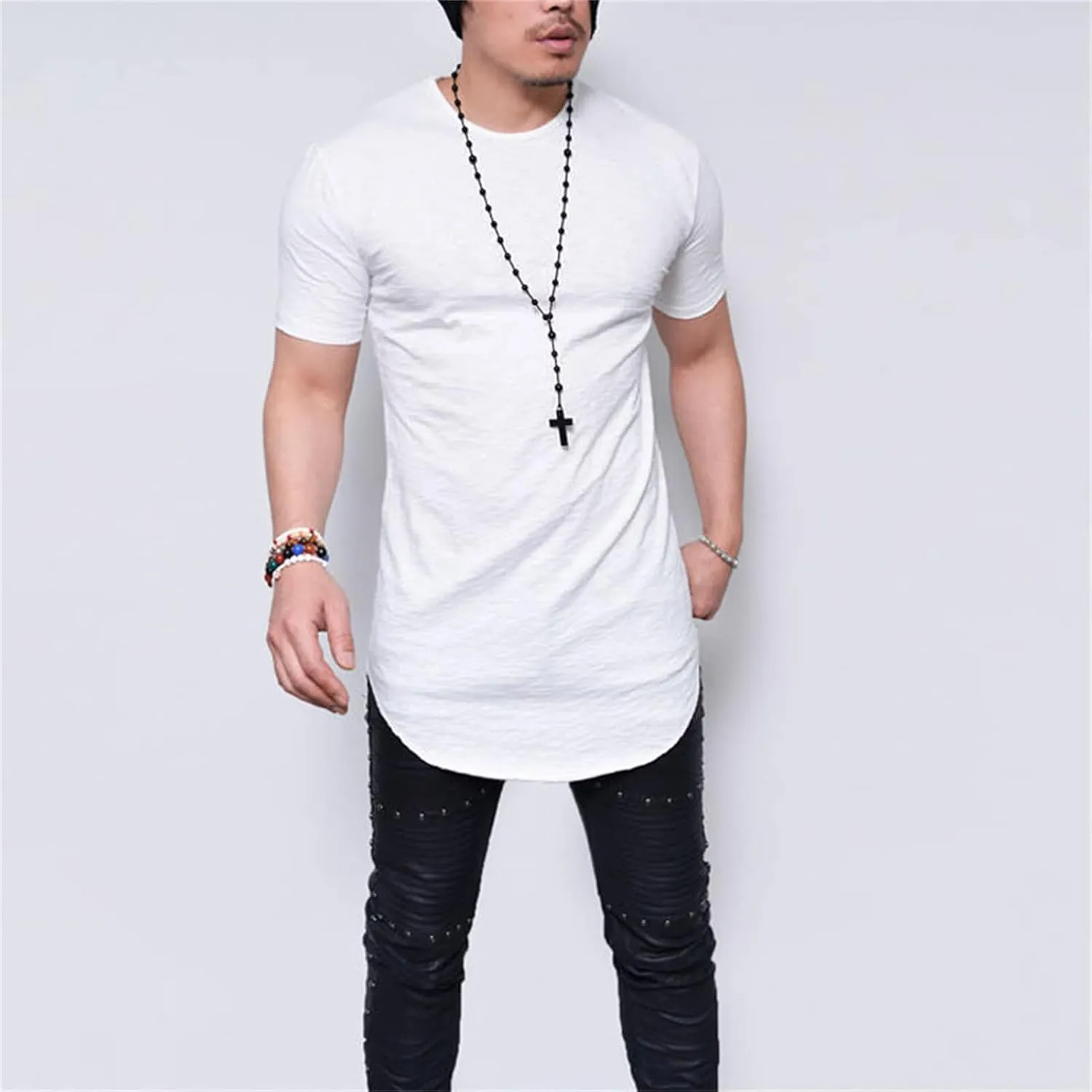 Men's Hipster Curved Longline Drop Tail Tee Top Long Hip Hop Shirts Gym Workout Slim Fit Short Sleeve