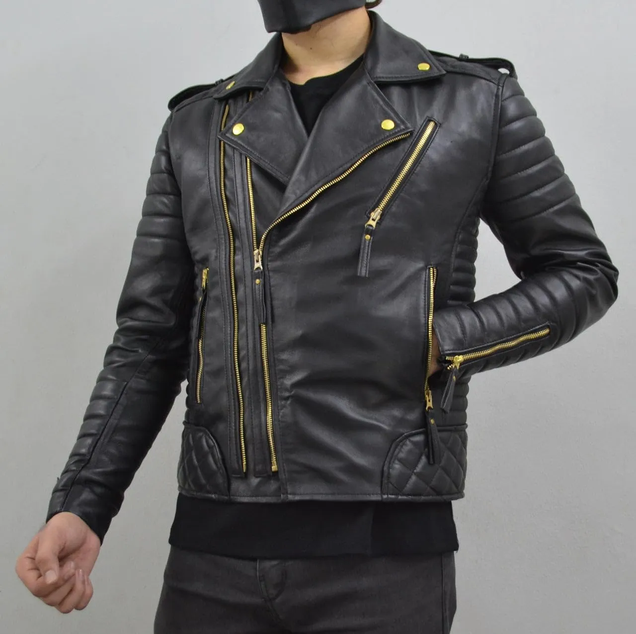 Mens Leather Jacket - Biker Leather Jacket For Men - Lightweight Slim Mens Leather Motorcycle Jackets Black Real Lambskin