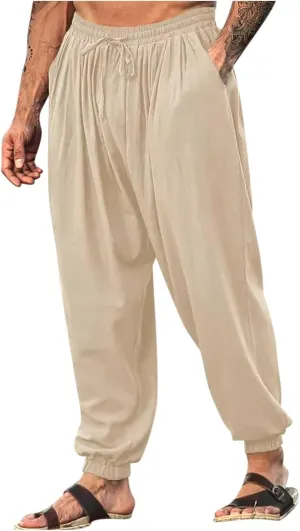 Mens Linen Harem Pants Casual Loose Fit Beach Drawstring Elastic Waist Yoga Trousers Vintage Fashion with Pockets