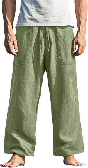 Mens Linen Loose Fit Elastic Waist Drawstring Baggy Stretchy Straight Legs Yoga Beach Casual Summer Trousers Pants