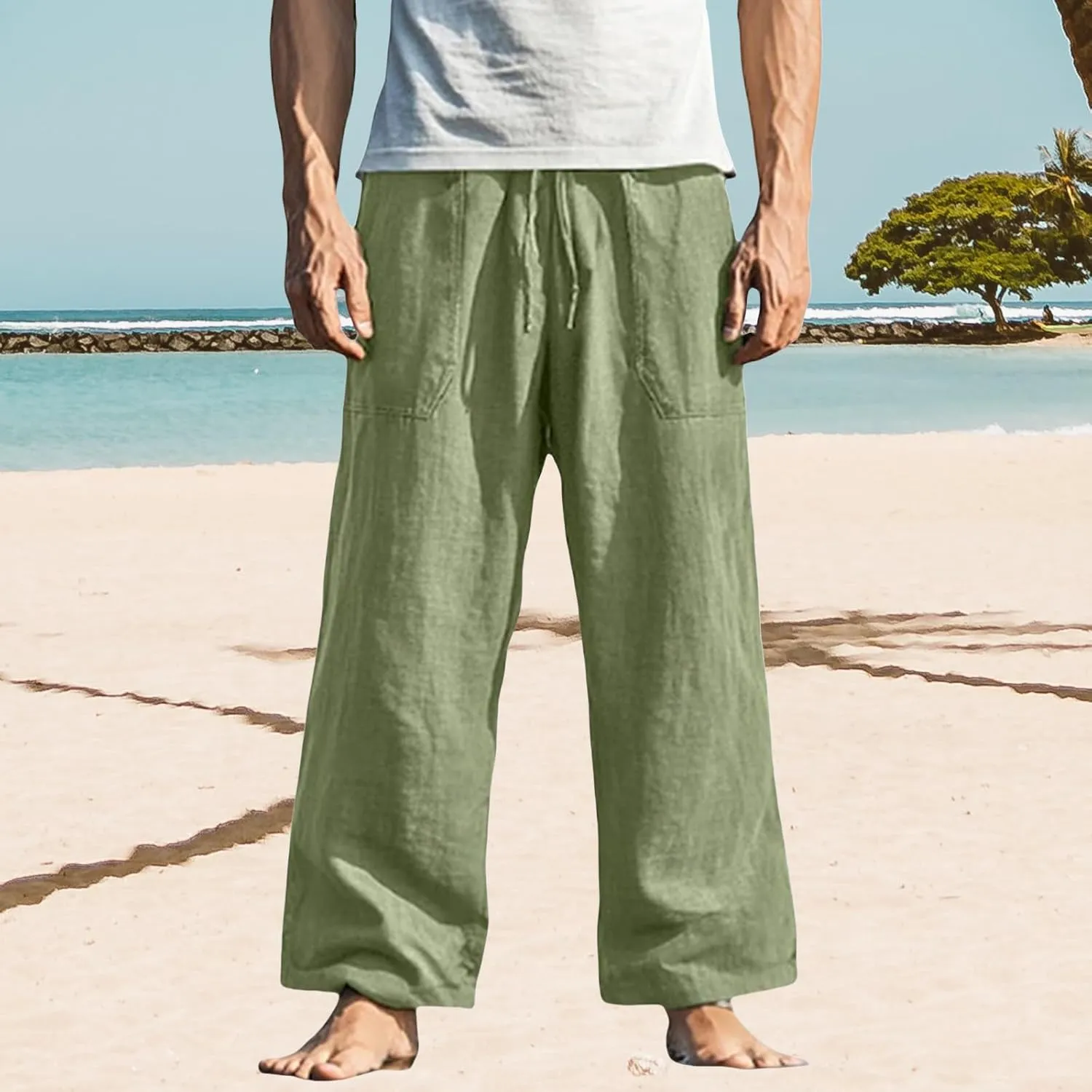 Mens Linen Loose Fit Elastic Waist Drawstring Baggy Stretchy Straight Legs Yoga Beach Casual Summer Trousers Pants