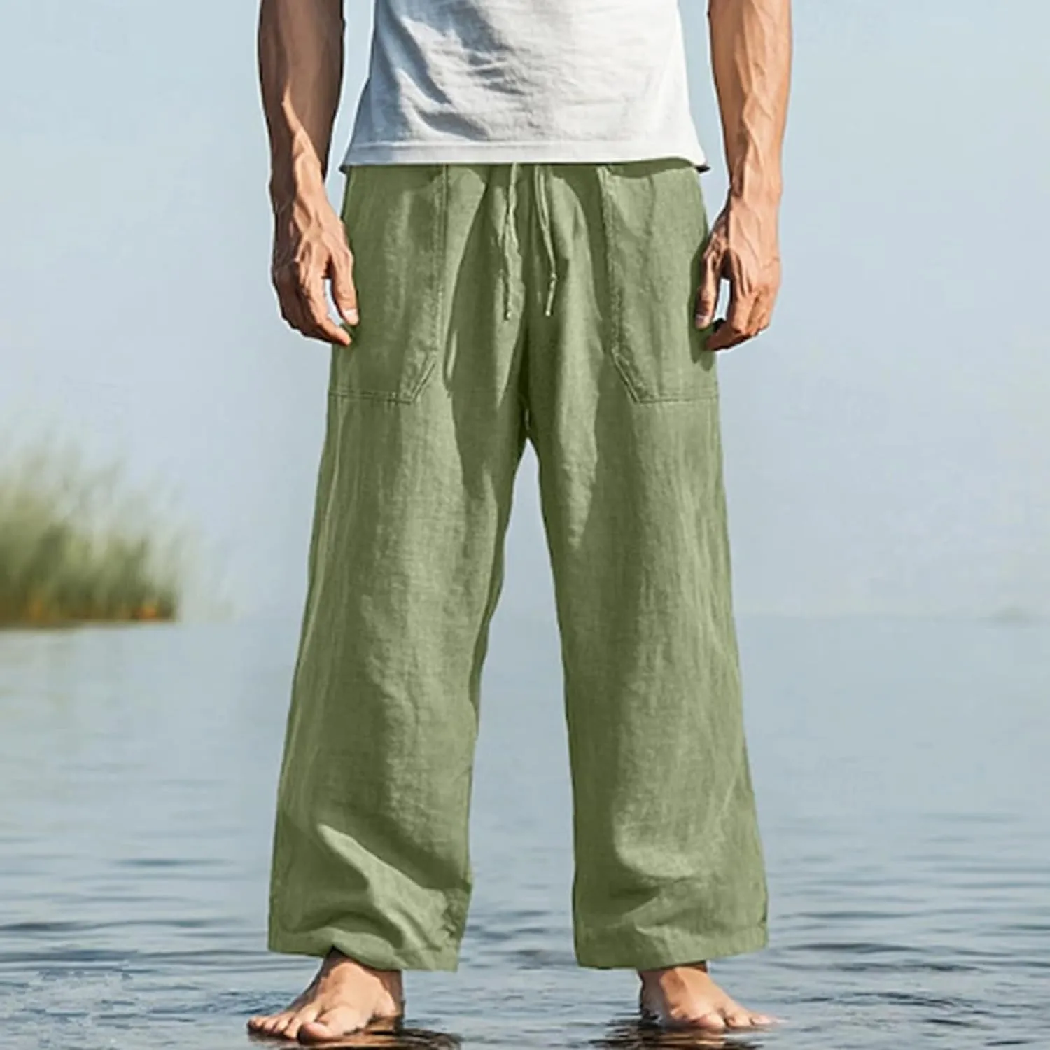 Mens Linen Loose Fit Elastic Waist Drawstring Baggy Stretchy Straight Legs Yoga Beach Casual Summer Trousers Pants