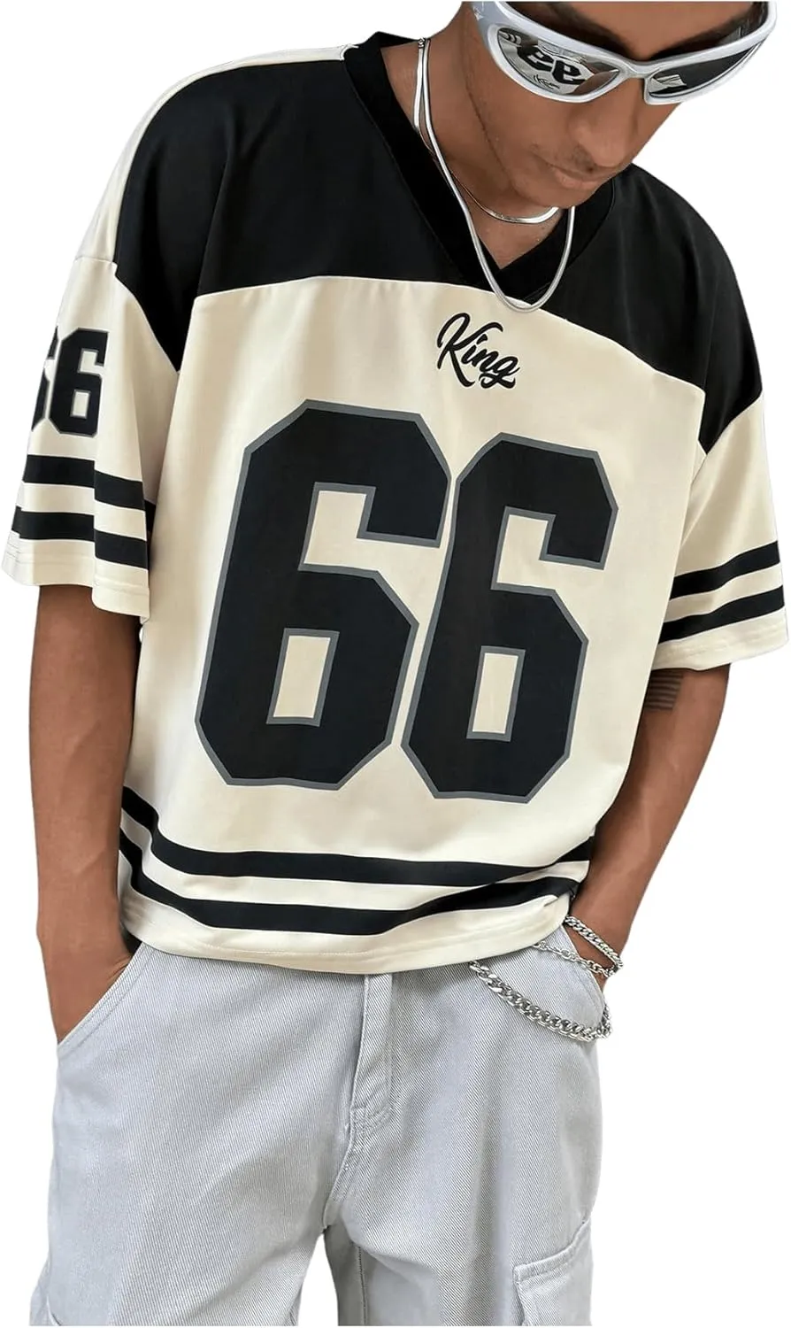 Men's Number Graphic Short Sleeve Jersey Shirts Oversized Y2K Star V Neck Colorblock Tee Shirt Top