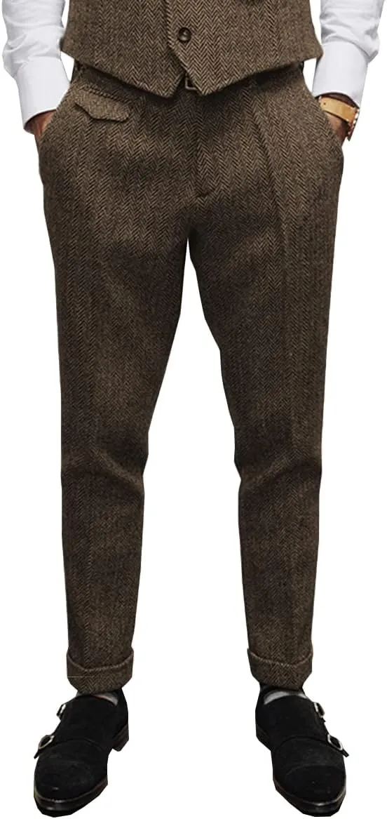 Mens Pants Herringbone Vintage Dress Pant Hemmed Pleated Suit Pants