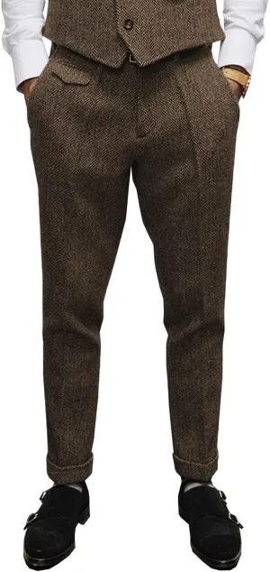 Mens Pants Herringbone Vintage Dress Pant Hemmed Pleated Suit Pants