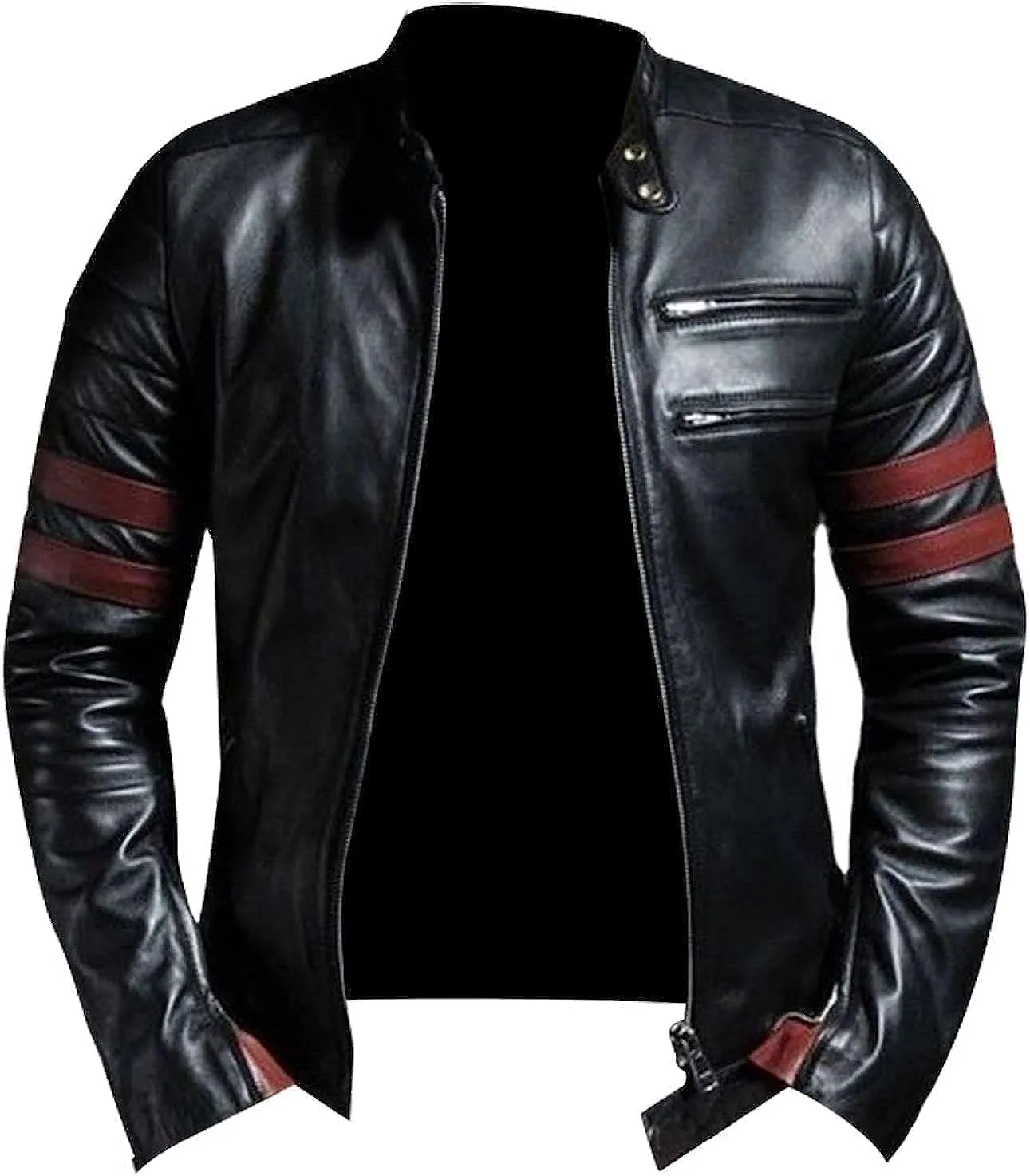 Mens Stripe Biker Retro Leather Jacket Cafe Racer Leather Jacket Genuine Motorcycle Leather jacket men