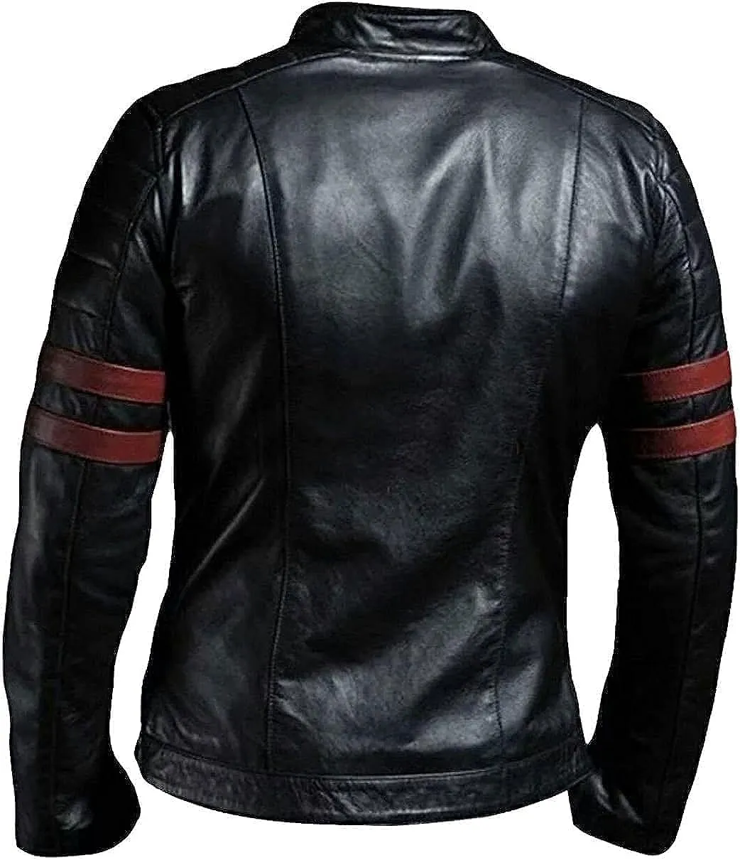Mens Stripe Biker Retro Leather Jacket Cafe Racer Leather Jacket Genuine Motorcycle Leather jacket men