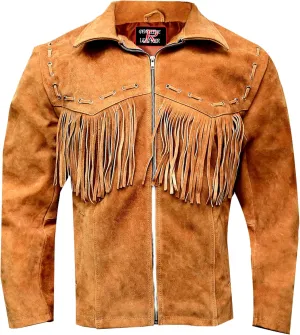 Men's Suede Leather Fringe Jacket, Western Cowboy Coat with Tassel, Fashion Work & Motorcycle Cropped Coat