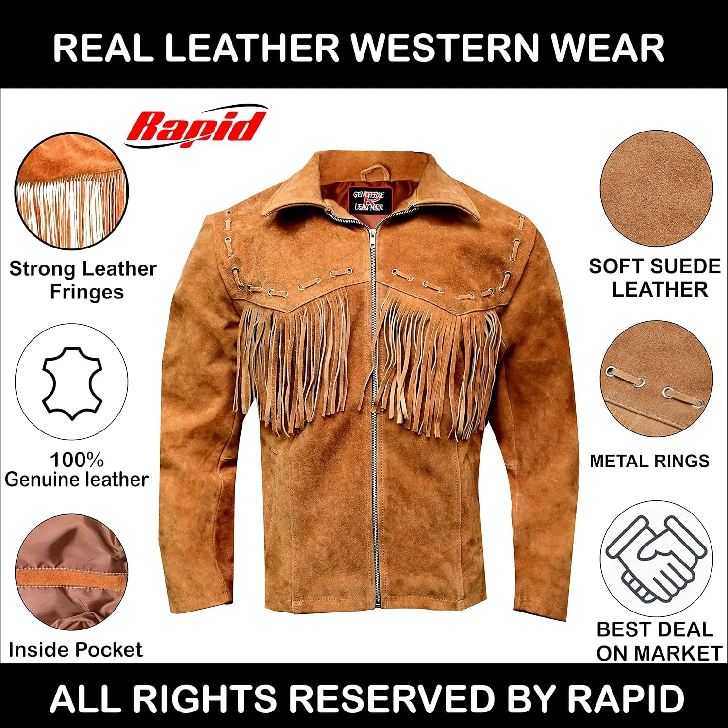 Men's Suede Leather Fringe Jacket, Western Cowboy Coat with Tassel, Fashion Work & Motorcycle Cropped Coat