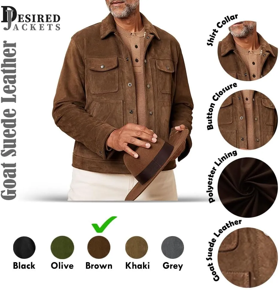 Men's Suede Leather Jacket - Western Style Cowboy Trucker Leather Jackets for Adult Outerwear
