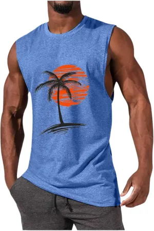 Mens Summer Beach Tank Top Hawaiian Palm Tree Print Sleeveless Muscle Basic Tee Vacation Tops