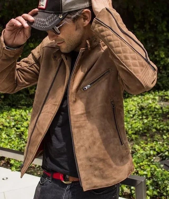 Mens Tan Suede Leather Biker Jacket  Slim Fit Quilted Shoulder Real Lambskin Classic Vintage Style Fashion
