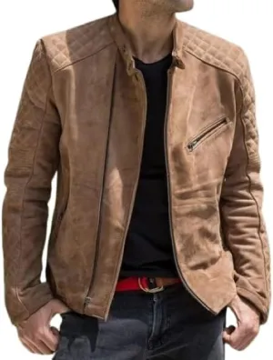 Mens Tan Suede Leather Biker Jacket  Slim Fit Quilted Shoulder Real Lambskin Classic Vintage Style Fashion