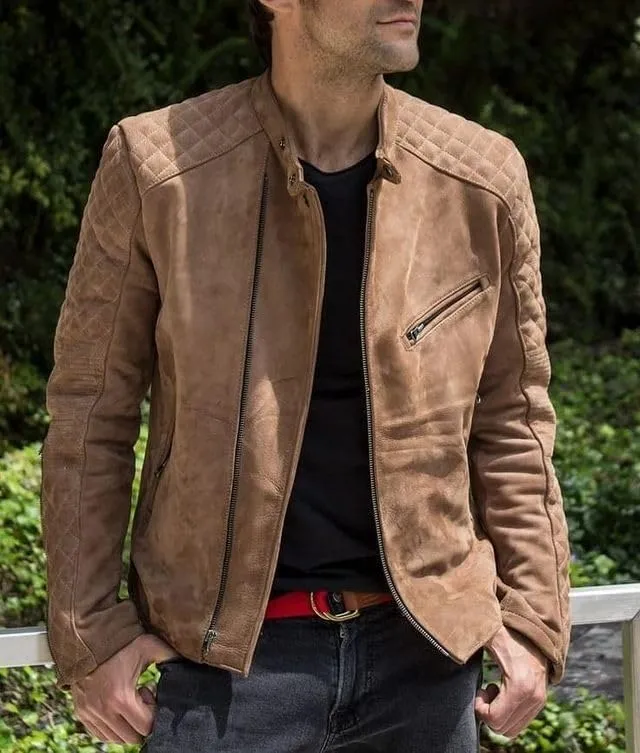 Mens Tan Suede Leather Biker Jacket  Slim Fit Quilted Shoulder Real Lambskin Classic Vintage Style Fashion