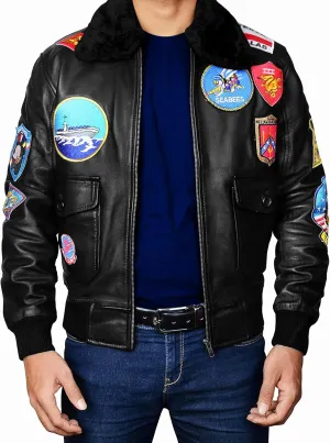 Mens USAAF G1 Aviator Pilot Removable Fur Collar Bomber Leather Jacket Black/Brown-Real/Faux