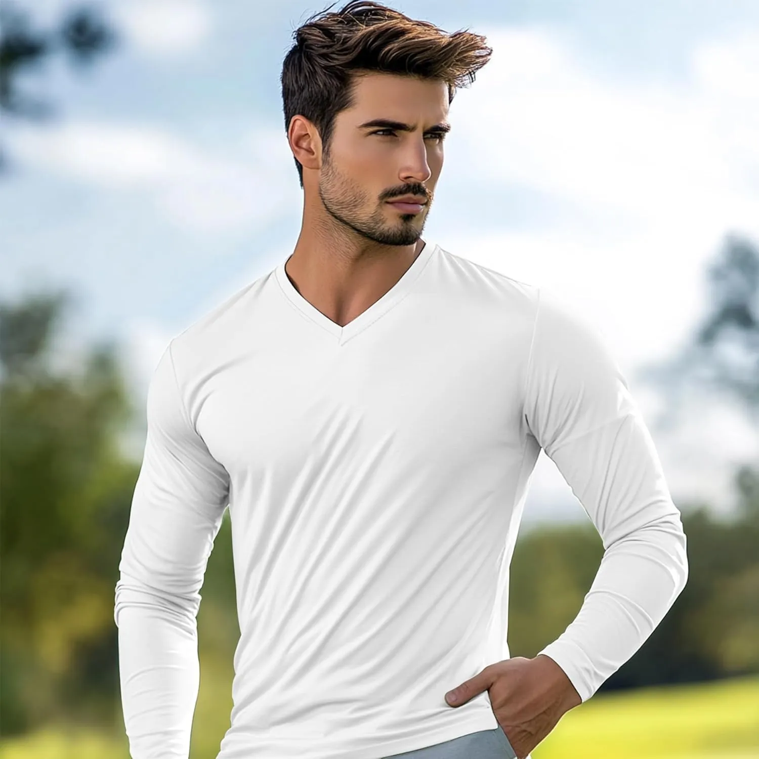 Men's V-Neck T-Shirt Long Sleeve - Cotton Blend Tee Undershirt, Soft Pajamas Top,Casual V-Neck T-Shirts for 2025