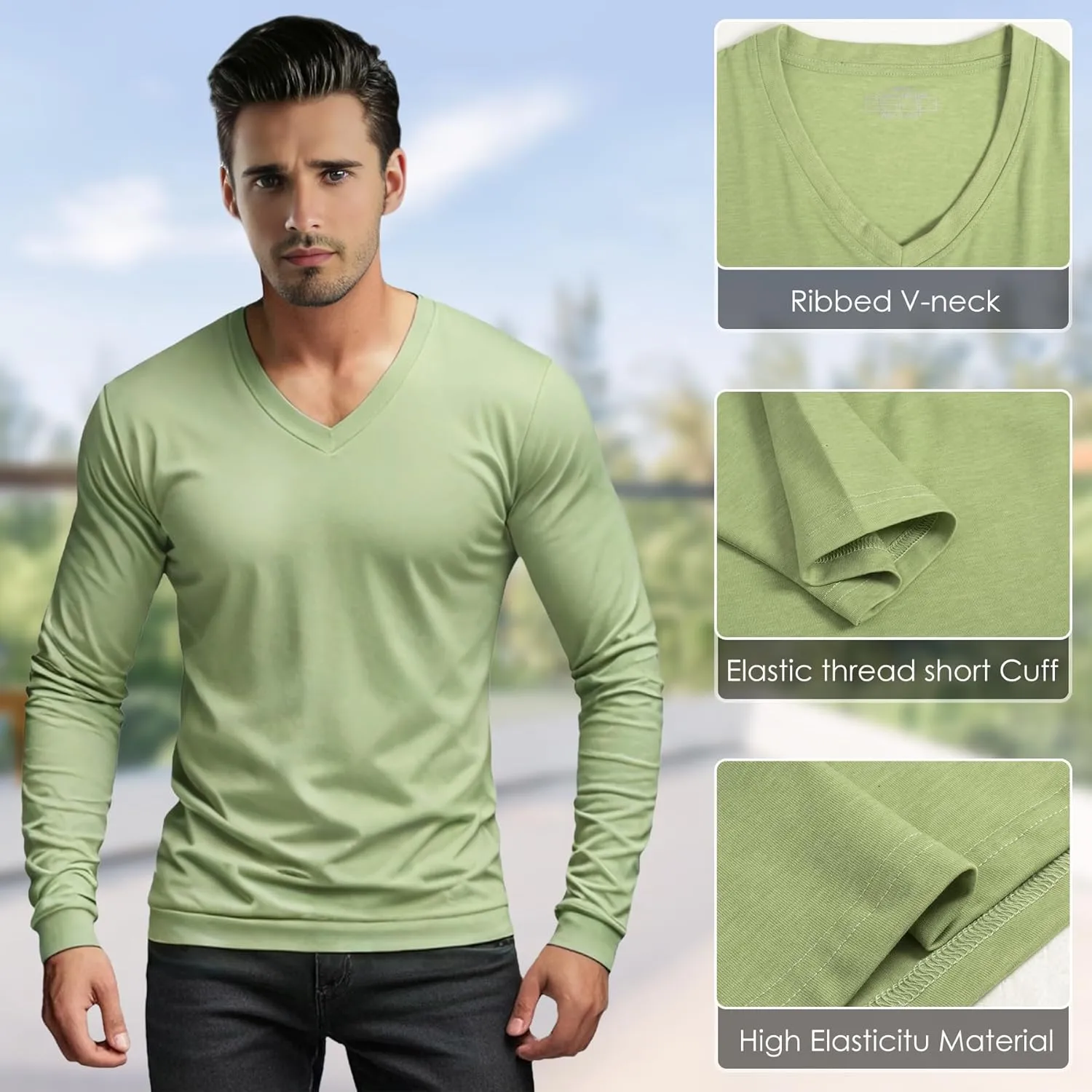 Men's V-Neck T-Shirt Long Sleeve - Cotton Blend Tee Undershirt, Soft Pajamas Top,Casual V-Neck T-Shirts for 2025