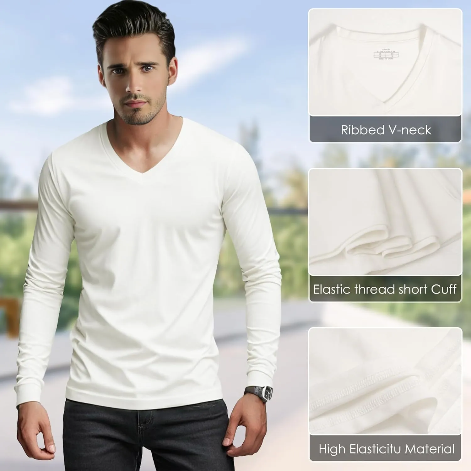 Men's V-Neck T-Shirt Long Sleeve - Cotton Blend Tee Undershirt, Soft Pajamas Top,Casual V-Neck T-Shirts for 2025