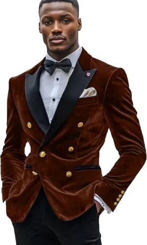 Men's Velvet Blazer Double Breasted Overcoat Notch Lapel Dinner Suit Jacket Coat for Prom Wedding Party Dinner