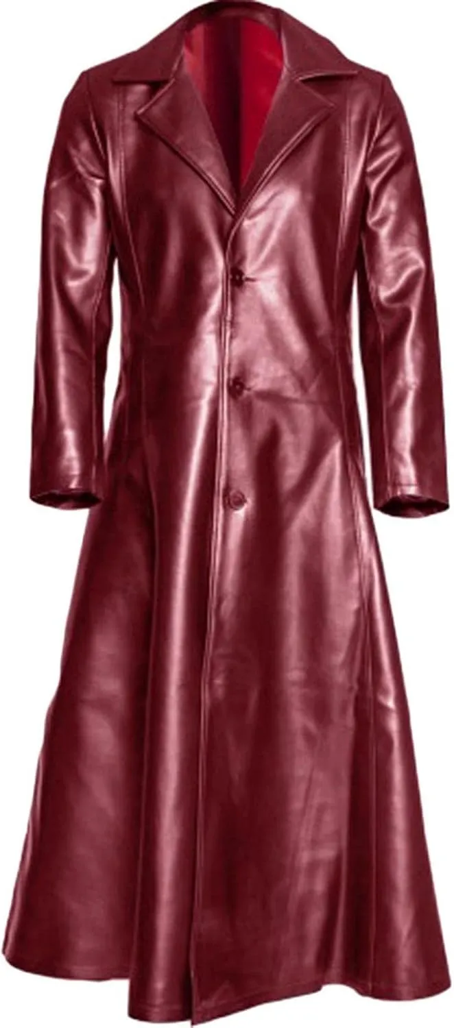 Mens Vintage Faux Leather Trench Coat Steampunk Gothic Full Length Overcoat Windproof Big and Tall Motorcycle Jacket