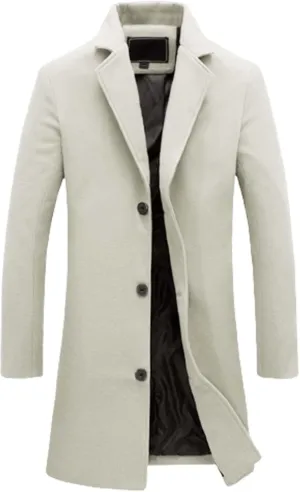 Men's Wool Blend Coat Winter Thermal Notched Collar Single Breasted Fashion Pea Coat Trench Overcoat