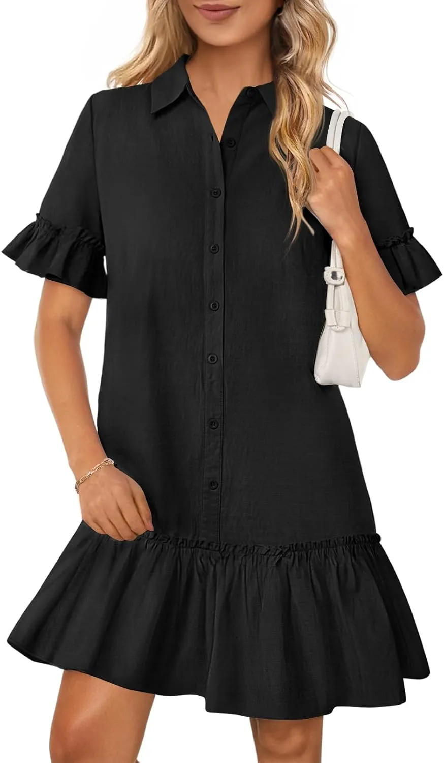 MEROKEETY Women's Summer Button Down Shirt Dress Casual Ruffle Sleeve Shift Mini Dresses with Pockets