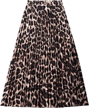 Milumia Women's Leopard Print Elastic High Waist Pleated A Line Long Skirts