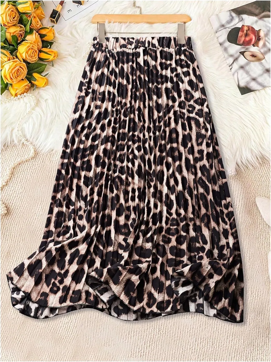 Milumia Women's Leopard Print Elastic High Waist Pleated A Line Long Skirts