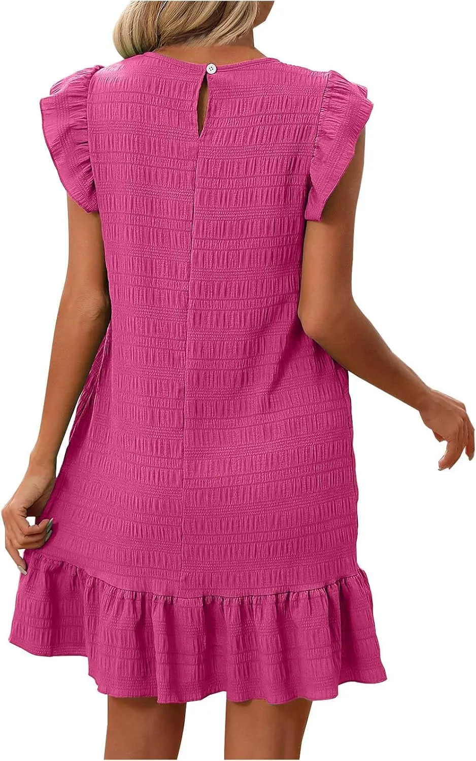 Mini Dress Women 2025 Summer Elegant Round Neck Frill Sleeve Tunic Dresses Solid Ruffle Hem Beach Dress