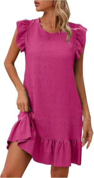Mini Dress Women 2025 Summer Elegant Round Neck Frill Sleeve Tunic Dresses Solid Ruffle Hem Beach Dress