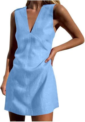 Mini Dresses for Women 2025 Fashion V Neck Sleeveless A Line Tank Dress Sundresses for Beach Vacation