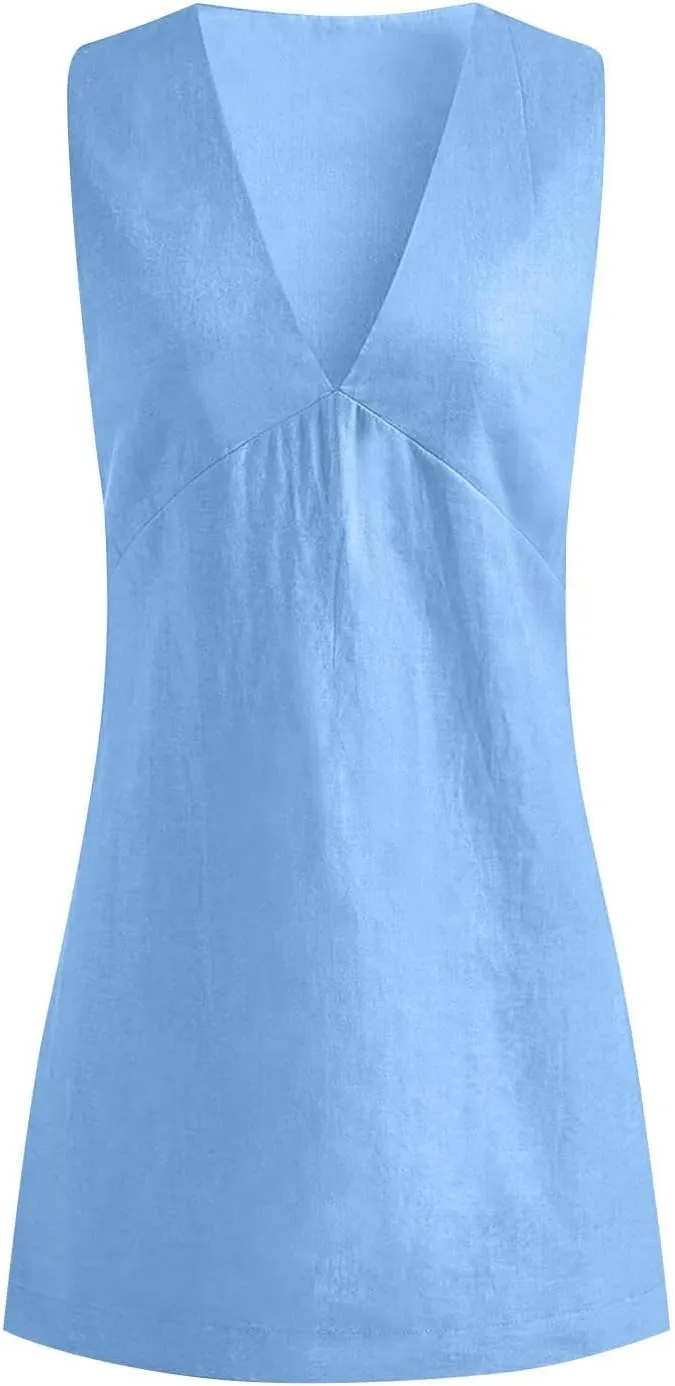 Mini Dresses for Women 2025 Fashion V Neck Sleeveless A Line Tank Dress Sundresses for Beach Vacation