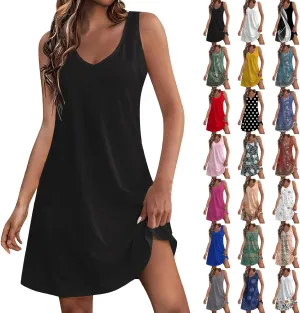 Mini Dresses for Women,2024 Summer Casual Loose V Neck Sleeveless Sundress,Trendy Print A Line Tank Beach Dress